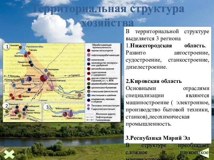 Территориальная структура хозяйства В территориальной структуре выделяется 3 региона 1.Нижегородская область. Развито