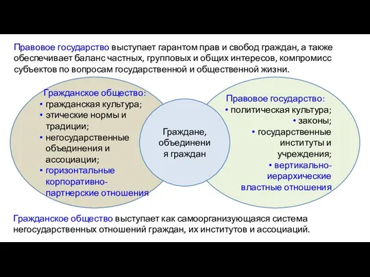 Гражданское общество: гражданская культура; этические нормы и традиции; негосударственные объединения и ассоциации;