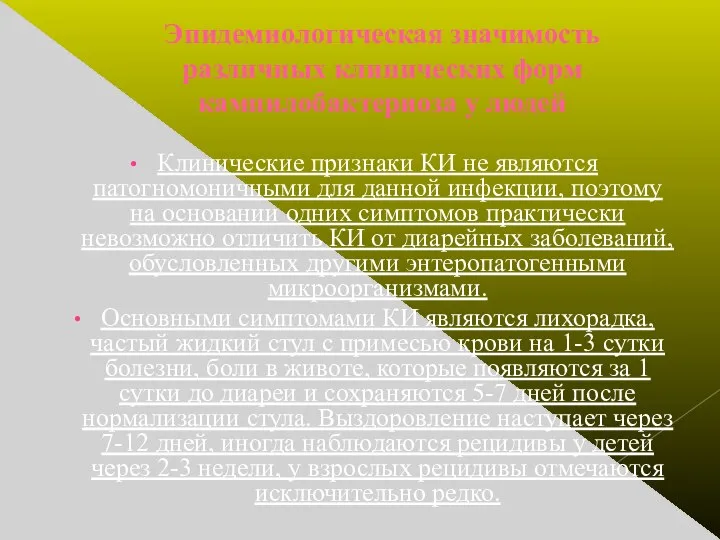 Эпидемиологическая значимость различных клинических форм кампилобактериоза у людей Клинические признаки КИ не