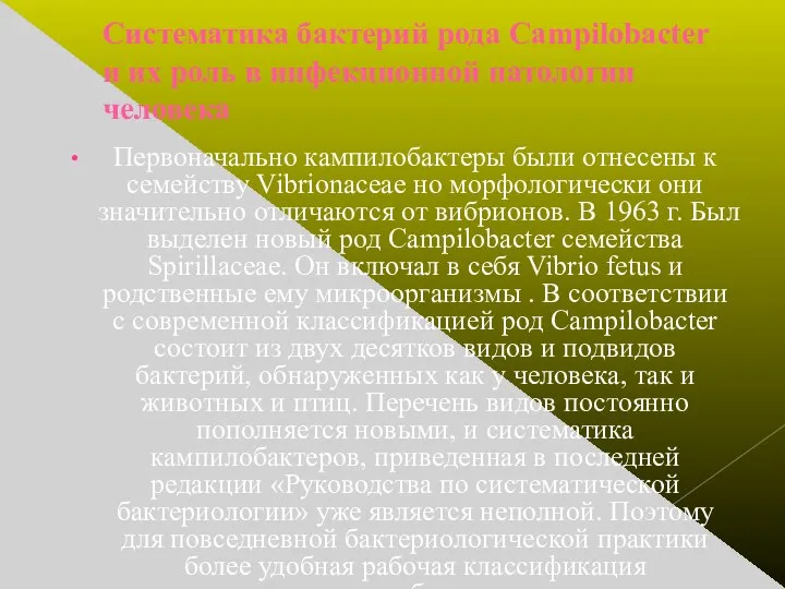 Систематика бактерий рода Campilobacter и их роль в инфекционной патологии человека Первоначально