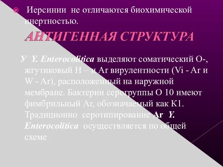 Иерсинии не отличаются биохимической инертностью. У Y. Enterocolitica выделяют соматический О-, жгутиковый