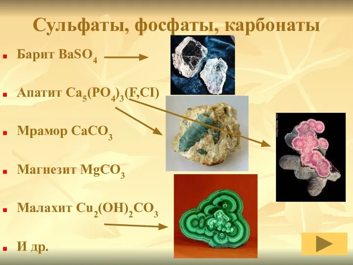 Сульфаты, фосфаты, карбонаты Барит BaSO4 Апатит Ca5(PO4)3(F,CI) Мрамор CaCO3 Магнезит MgCO3 Малахит Cu2(OH)2CO3 И др.