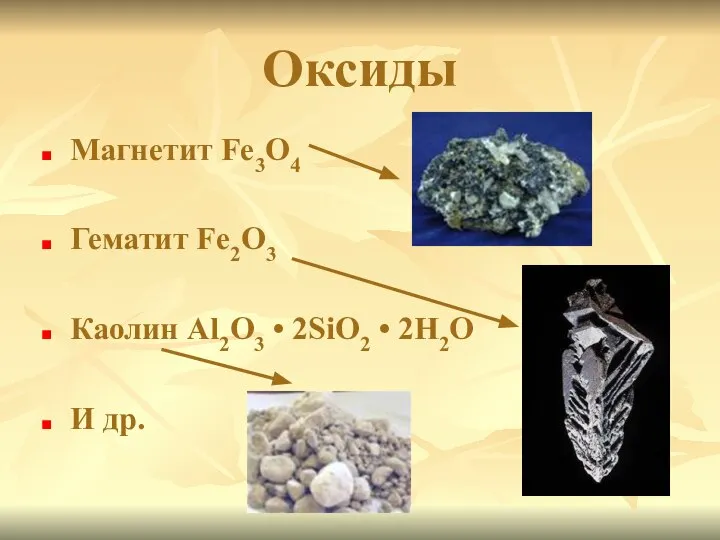 Оксиды Магнетит Fe3O4 Гематит Fe2O3 Каолин Al2O3 • 2SiO2 • 2H2O И др.