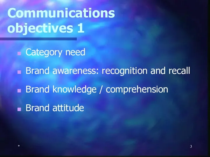 Communications objectives 1 * Category need Brand awareness: recognition and recall Brand