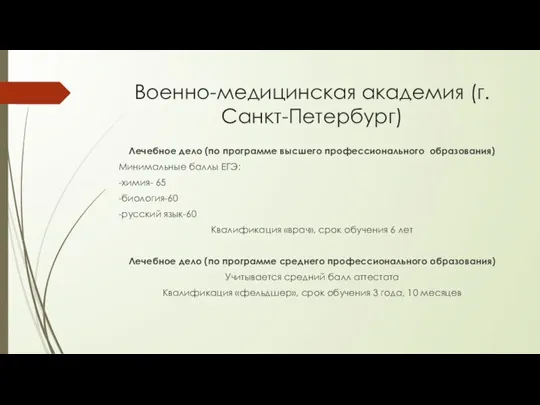 Военно-медицинская академия (г. Санкт-Петербург) Лечебное дело (по программе высшего профессионального образования) Минимальные