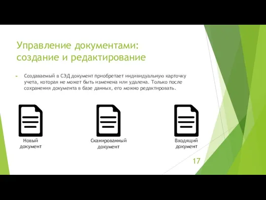 Управление документами: создание и редактирование Создаваемый в СЭД документ приобретает индивидуальную карточку