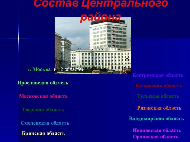 Состав Центрального района Московская область г. Москва и 12 областей Брянская область