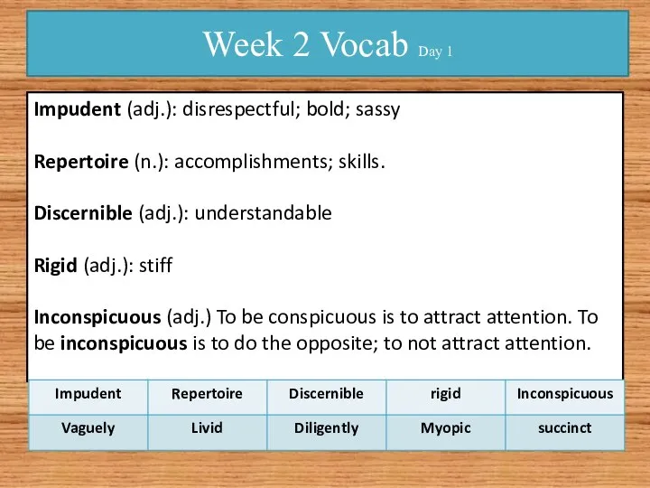 Week 2 Vocab Day 1 Impudent (adj.): disrespectful; bold; sassy Repertoire (n.):