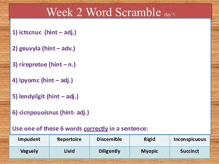 Week 2 Word Scramble day 5 1) ictscnuc (hint – adj.) 2)
