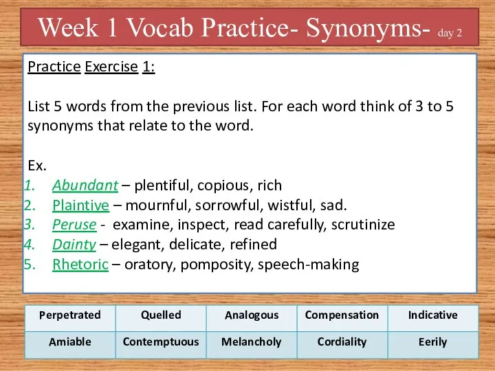 Week 1 Vocab Practice- Synonyms- day 2 Practice Exercise 1: List 5