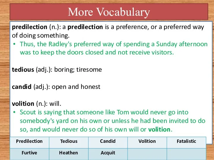 More Vocabulary predilection (n.): a predilection is a preference, or a preferred