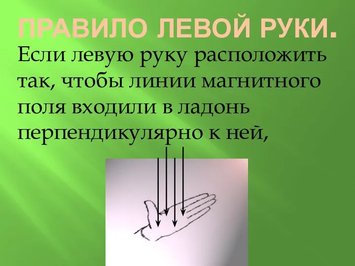 Если левую руку расположить так, чтобы линии магнитного поля входили в ладонь