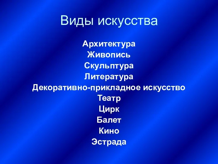 Виды искусства Архитектура Живопись Скульптура Литература Декоративно-прикладное искусство Театр Цирк Балет Кино Эстрада