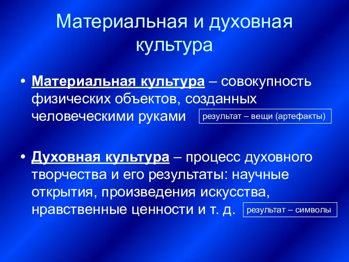 Материальная и духовная культура Материальная культура – совокупность физических объектов, созданных человеческими