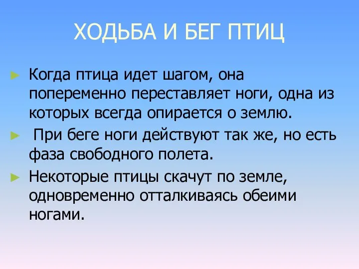 ХОДЬБА И БЕГ ПТИЦ Когда птица идет шагом, она попеременно переставляет ноги,