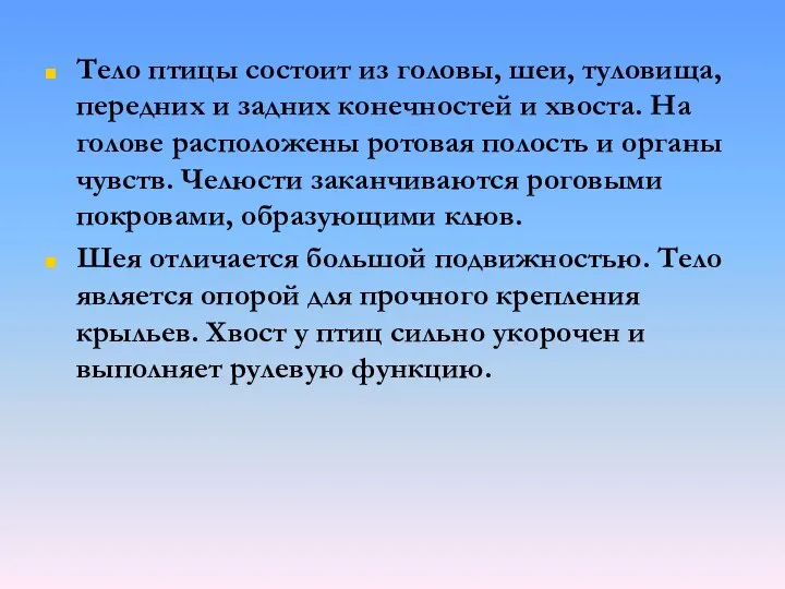 Тело птицы состоит из головы, шеи, туловища, передних и задних конечностей и