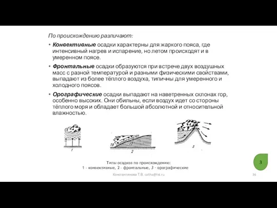 По происхождению различают: Конвективные осадки характерны для жаркого пояса, где интенсивный нагрев