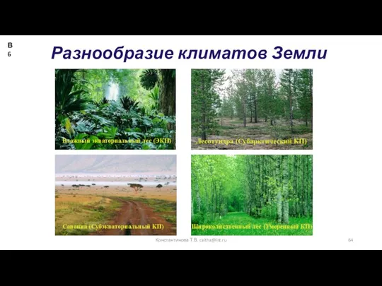 Разнообразие климатов Земли Лесотундра (Субарктический КП) Влажный экваториальный лес (ЭКП) Саванна (Субэкваториальный