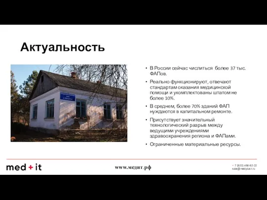 Актуальность В России сейчас числиться более 37 тыс. ФАПов. Реально функционируют, отвечают