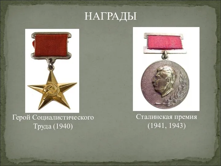 Герой Социалистического Труда (1940) НАГРАДЫ Сталинская премия (1941, 1943)