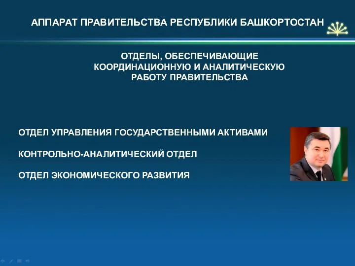 АППАРАТ ПРАВИТЕЛЬСТВА РЕСПУБЛИКИ БАШКОРТОСТАН ОТДЕЛ УПРАВЛЕНИЯ ГОСУДАРСТВЕННЫМИ АКТИВАМИ КОНТРОЛЬНО-АНАЛИТИЧЕСКИЙ ОТДЕЛ ОТДЕЛ ЭКОНОМИЧЕСКОГО