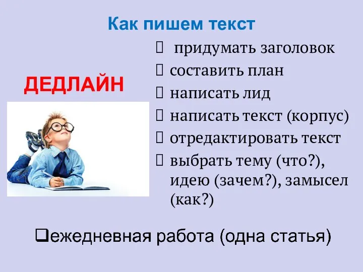 Как пишем текст придумать заголовок составить план написать лид написать текст (корпус)