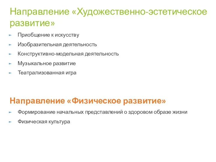 Направление «Художественно-эстетическое развитие» Приобщение к искусству Изобразительная деятельность Конструктивно-модельная деятельность Музыкальное развитие