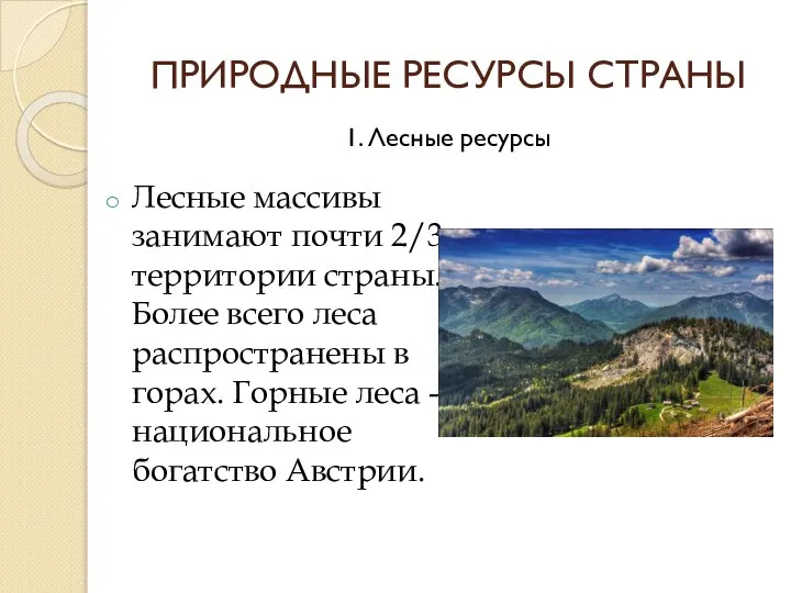 ПРИРОДНЫЕ РЕСУРСЫ СТРАНЫ Лесные массивы занимают почти 2/3 территории страны. Более всего