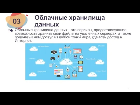 Облачные хранилища данных Облачные хранилища данных – это сервисы, предоставляющие возможность хранить