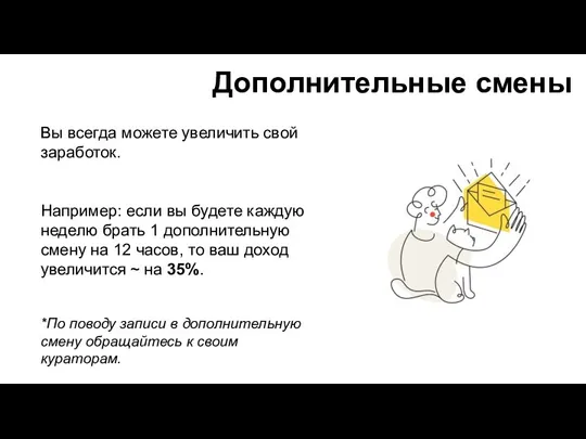 Дополнительные смены Вы всегда можете увеличить свой заработок. Например: если вы будете