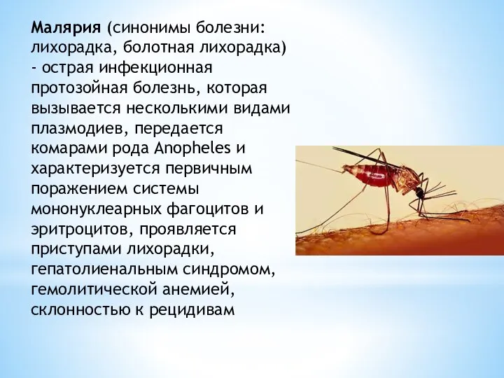 Малярия (синонимы болезни: лихорадка, болотная лихорадка) - острая инфекционная протозойная болезнь, которая
