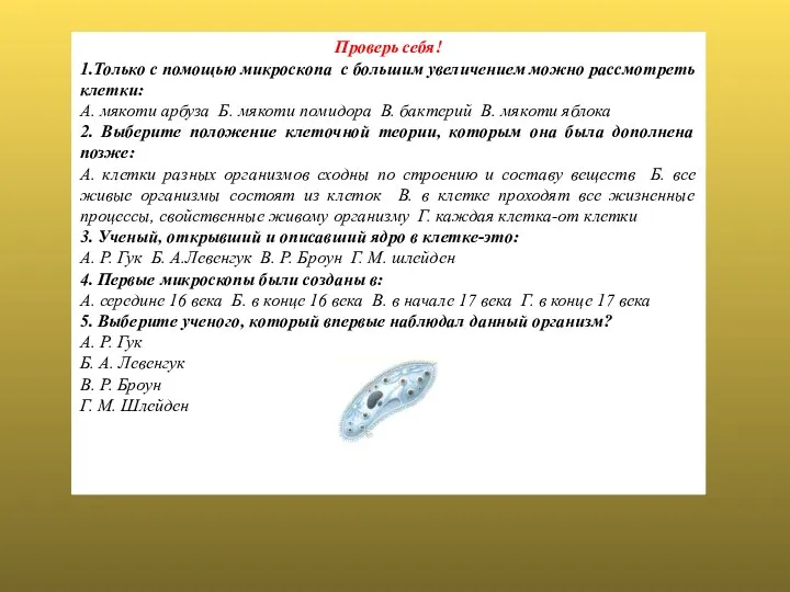 Проверь себя! 1.Только с помощью микроскопа с большим увеличением можно рассмотреть клетки: