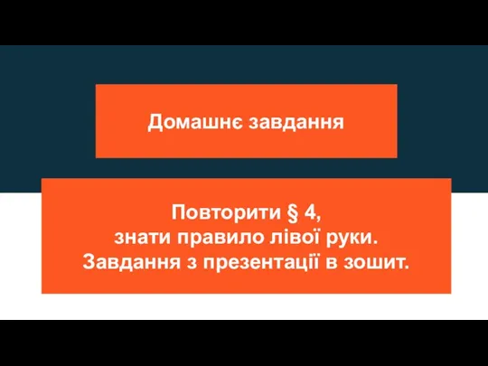 Домашнє завдання Повторити § 4, знати правило лівої руки. Завдання з презентації в зошит.