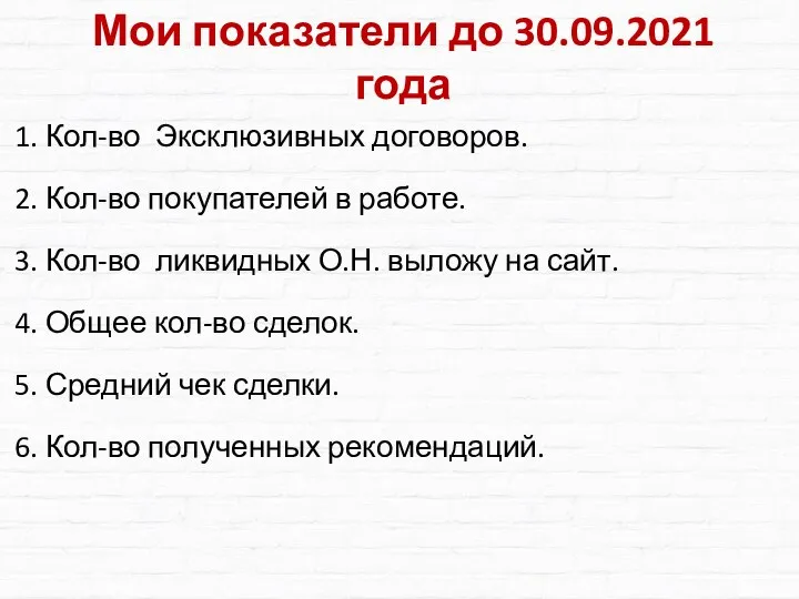 Мои показатели до 30.09.2021 года Кол-во Эксклюзивных договоров. Кол-во покупателей в работе.