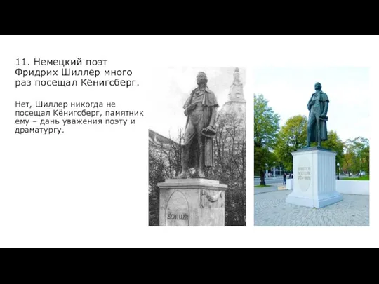 11. Немецкий поэт Фридрих Шиллер много раз посещал Кёнигсберг. Нет, Шиллер никогда