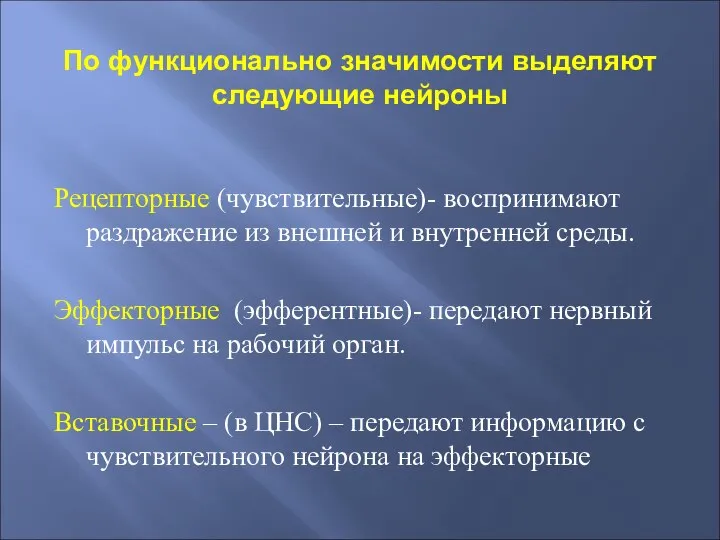 По функционально значимости выделяют следующие нейроны Рецепторные (чувствительные)- воспринимают раздражение из внешней