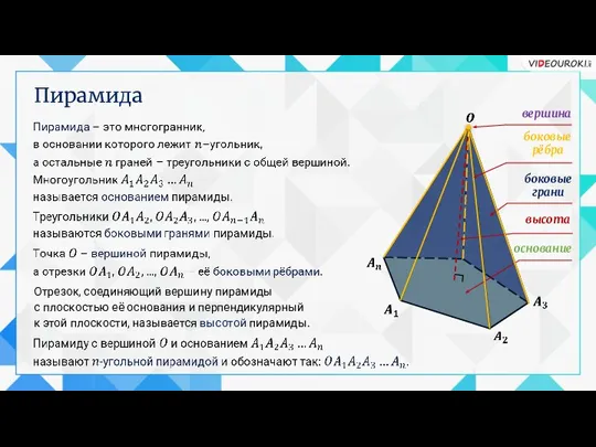 Пирамида Отрезок, соединяющий вершину пирамиды с плоскостью её основания и перпендикулярный к