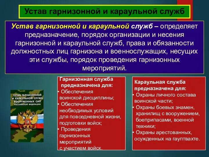 Устав гарнизонной и караульной служб Устав гарнизонной и караульной служб – определяет