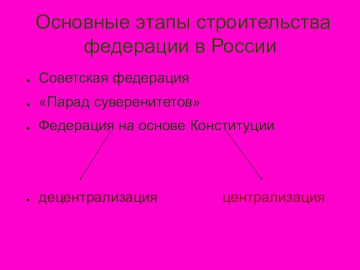 Основные этапы строительства федерации в России Советская федерация «Парад суверенитетов» Федерация на основе Конституции децентрализация централизация