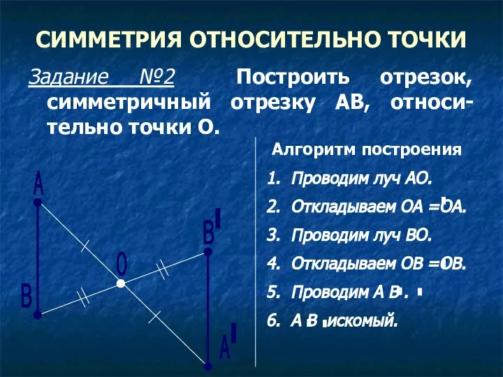 СИММЕТРИЯ ОТНОСИТЕЛЬНО ТОЧКИ Задание №2 Построить отрезок, симметричный отрезку АВ, относи-тельно точки