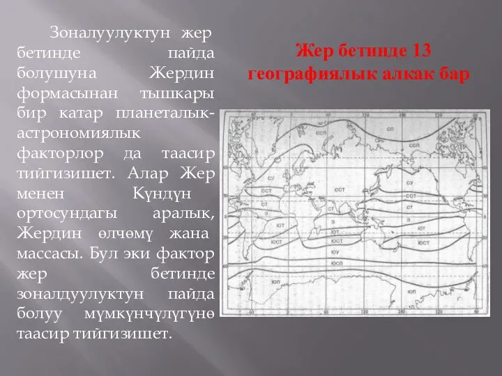 Зоналуулуктун жер бетинде пайда болушуна Жердин формасынан тышкары бир катар планеталык-астрономиялык факторлор