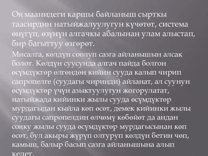 Оң маанидеги каршы байланыш сырткы таасирдин натыйжалуулугун күчөтөт, система өнүгүп, өзүнүн алгачкы