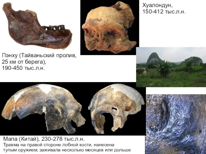 Пэнху (Тайваньский пролив, 25 км от берега), 190-450 тыс.л.н. Хуалондун, 150-412 тыс.л.н.