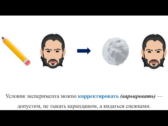 Условия эксперимента можно корректировать (варьировать) — допустим, не тыкать карандашом, а кидаться снежками.