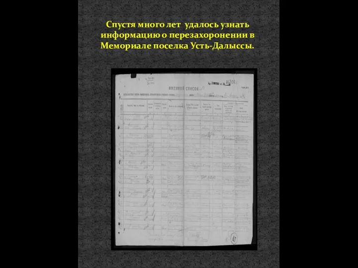 Спустя много лет удалось узнать информацию о перезахоронении в Мемориале поселка Усть-Далыссы.