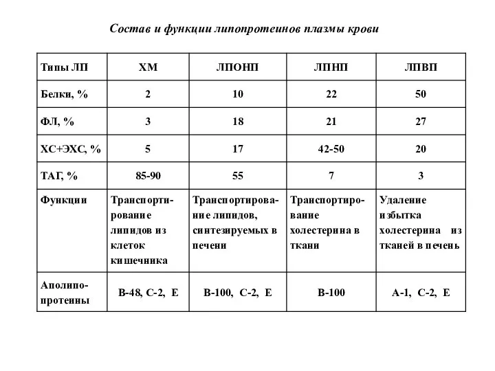 Состав и функции липопротеинов плазмы крови