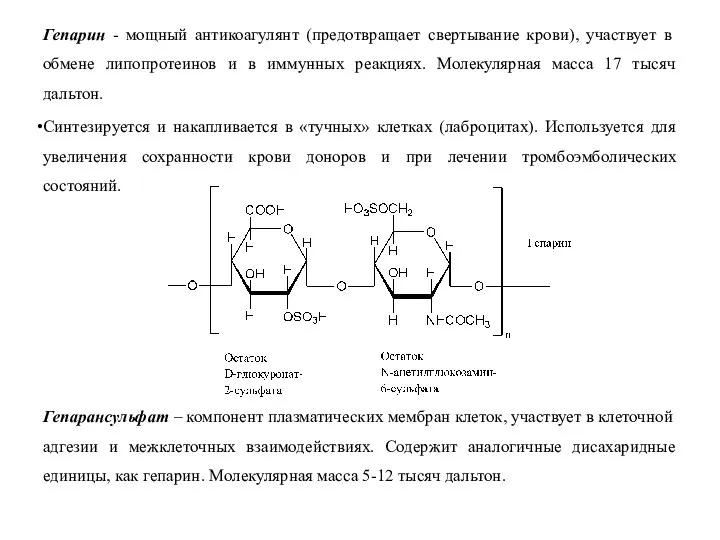 Гепарин - мощный антикоагулянт (предотвращает свертывание крови), участвует в обмене липопротеинов и