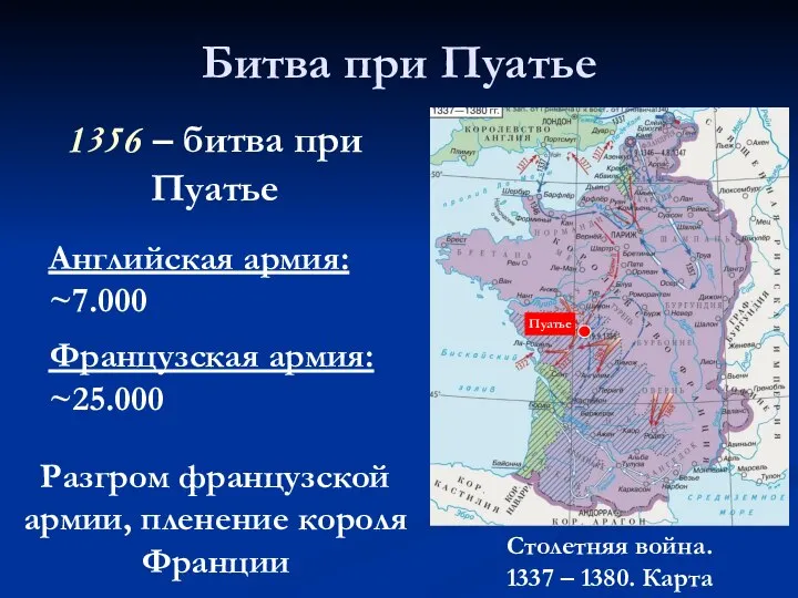 Битва при Пуатье 1356 – битва при Пуатье Разгром французской армии, пленение