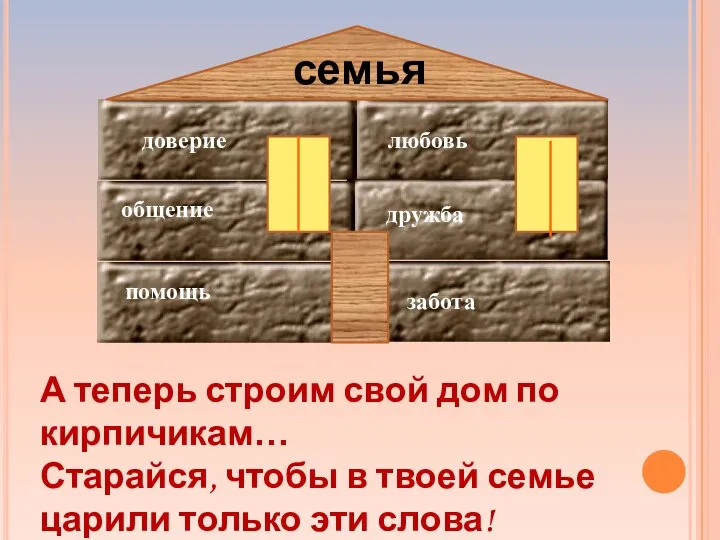 доверие любовь помощь забота общение дружба семья А теперь строим свой дом