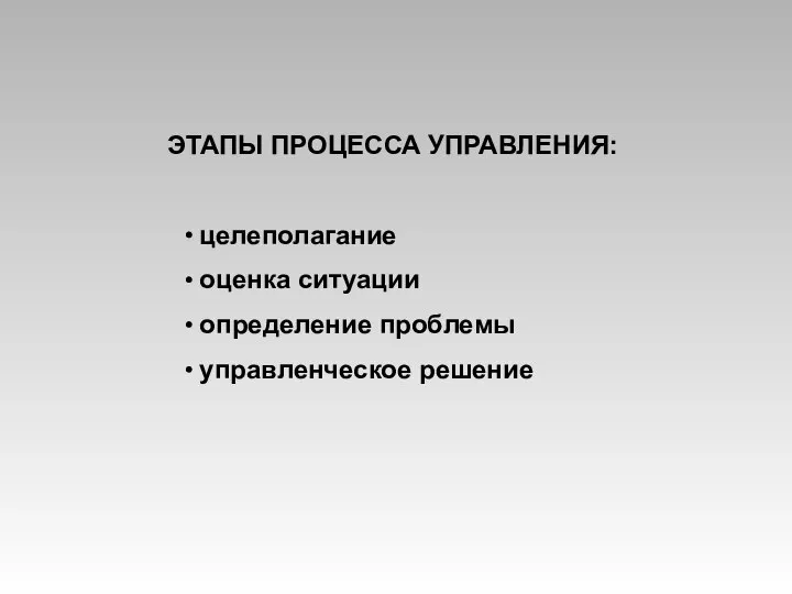 ЭТАПЫ ПРОЦЕССА УПРАВЛЕНИЯ: целеполагание оценка ситуации определение проблемы управленческое решение